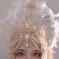 Lolita Halo White Angel Feather Wings Crown Hair Akcesoria Cosplay Super Bajki Kryształ Kwiat Kwiat Ślubny