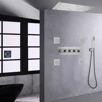 Szczotkowane nikiel LED system prysznicowy naścienny sufitowy głowicy termostatyczna deszcz mgła spa Handheld douche masaż