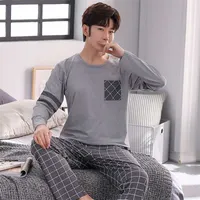 BISOSJS осень зимние мужчины пижамы набор хлопчатобумажные печати ночной костюм повседневный с длинным рукавом брюки плед Pajamas плюс домашняя одежда 2111118