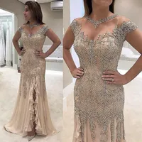 2021 Luxus Sheer Hals Mermaid Prom Kleider Peadings Pailletten High Split Gowns Formale Mutter der Braut Kleid Abendkleidung