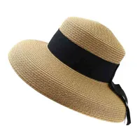 2021 Summer Słomkowy kapelusz ze wstążką Hepburn Style Duże okape Kobiet Travel Travel Beach Vacation Seaside Sun Hat Moda Hat G220301