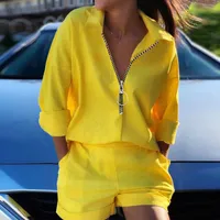 Trajes de mujer Trajes de mujer Conjunto de cremallera casual amarillo Top de manga larga con bolsillos Blusa Shorts de bolsillo