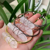 Wire Wrapped Natural Stone Bangles Open Cuff Antique Copper Raw Mineral Rock Clear Quartz White Crystal Bracelet Women Jewelry Bangle