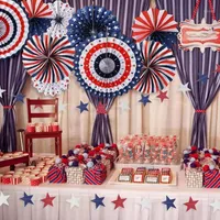 Party Decoration Pokich 6Pcs Set American Independence Day Flag Paper Flower Fans Colorful Star Strips Round Wheel Lanterns For