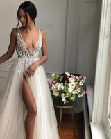 Sexy Bohemian Wedding Dresses Beaded Deep V Neck Beach Bridal Gowns A Line Side Split Floor Length Tulle Vestido De Novia