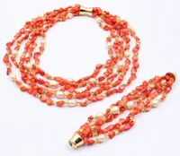 Guaiguai Jewelry 5 Strands Natural Pink Rice Pearl Orange Coral Libertad Necklace Pulsera Sets Hecho a mano para las mujeres