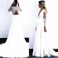 2021 Atacado charmoso branco manga comprida vestidos de casamento de noiva lace profundo vestido de noiva decote v para a noiva cortada de volta uma linha