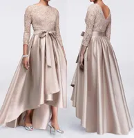 샴페인 레이스 플러스 사이즈의 신부 드레스 2021 긴 소매 새틴 높은 낮은 새시 신랑 가운의 어머니