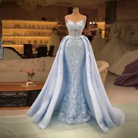 Light Sky Blue 2022 Mermaid Prom Dresses With Detachable Train Lace Appliqued Beaded Evening Wear Formal Party Gowns