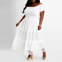 Artı Boyutu Elbiseler ZJFZML ZZ Kadın Giyim Elbise 2021 Beyaz Kapalı Omuz Kısa Kollu Fit ve Flare Bırak Toptan