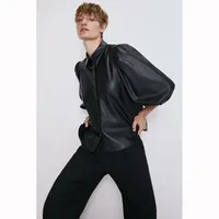 Damskie Bluzki Koszule Rękaw Puff Sleeve Kobiety Mężczyźni Vintage Moda Faux Leather Women Turndown Collar Topy Eleganckie przyciski