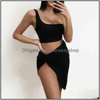 Womens Tracksuits Clothing Apparel Sexy One Shoder Two Piece Set Solid Bandage Bodycon 2 Women Sleeveless Crop Top And Skirt Summer Drop Del