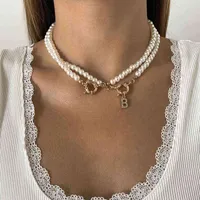 Find Me Creative Imitation Pearl Beaded Clavicle Necklace Rhinestone Letter Pendant Necklace For Women Girl Jewelry Gifts G1206
