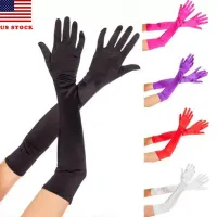 Party Hats Women&#039;s Evening Formal Gloves 22 Long Black White Satin Finger Mitten