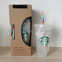 24 oz / 710ml Starbucks Tasses Tasse Arc-en-ciel Tobes en plastique Réutilisable Clair Clair Coupe Appartement Pilier Couvercle Couvercle Couvercle Tasse de paille Bardian