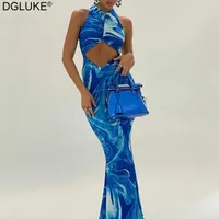 Casual Dresses Tie Dye Print Cut Out Maxi Dress Women Sexig Ruched Backless Mermaid Party Sleeveless Boho Summer 2021