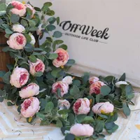 PARTY JOY Fake Peony Rose Vines Artificial Flowers Garland Vintage Eucalyptus Hanging Plant for Wedding Arch Door Party Decor 211104