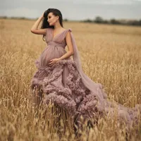 Casual jurken stoffige roze moederschap jurk gewaden voor po shoot of baby shower ruche tule chique vrouwen nachthemd pooljas