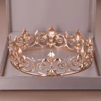 Coix de cheveux Barrettes Ailibride Gold Round Crown King Queen Wedding Tiara Bride Headpiece Men Party Crystal Jewelry Accessorieshair