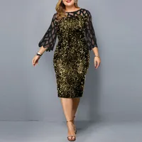 女性秋のエレガントなスパンコールの服装レディース長袖カジュアル女性の服M-5XLのためのプラスサイズのドレス