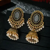 Classic Ethnic Blue Flower Jhumka Earrings For Women Vintage Boho Indian Jewelry Gold Color Bell Tassel Dangle Earrings 2021