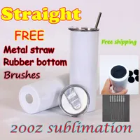 20oz Sublimation straight tumblers blank Skinny tumbler With Metal Straws bottoms brushes Stainless Steel white Water Bottle Double wall Vacuum Insulated Cups