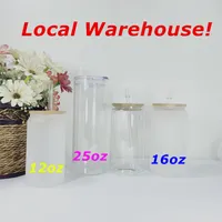 Local Warehouse! 12oz 16oz Sublimation Clear Frosted Glasses With Wooden Lids&PLASTIC Straws White Blank Water Bottles DIY Heat Transfer Wine Tumblers A12