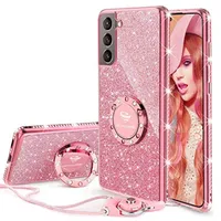 Kadın Kız Glitter Sevimli Telefon Kılıfları Yüzük Kickstand ile, Bling Elmas Rhinestone Tampon Koruyucu Yumuşak Kılıf Galaxy Samsung S21 S20 iPhone 13 12 11 DHL Hızlı