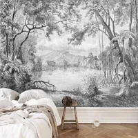 Tapeten benutzerdefinierte po selbstklebende tapete schwarz und weiß wald waldbild europäisch retro handgemalte richtung regenwald dschungel malerei