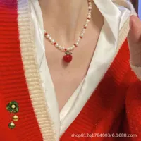 Colorful design apple red crystal natural pearl ot buckle folding necklace on Christmas Eve
