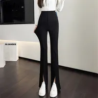 Jielur Split 지퍼 단추 바지 한국어 패션 캐주얼 사무실 레이디 블랙 플레어 바지 여성 하이 허리 긴 S-XL 220211