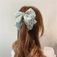 Korea Style Hairpin Sweet Vertical Clips Cute Chiffon Floral Bow Banana Clip Ponytail Holder Women Fashion Hair Accessories 366 Q2