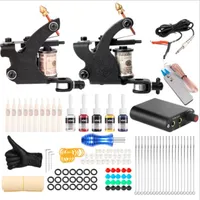 10 Set Professional Complete Tattoo Machine Kit Top Tattoos Machines For Lining And Shading Sets Power Supplies Black Ink Needles