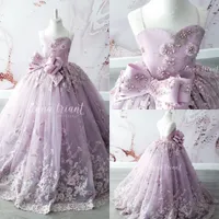 Lavender Beaded Ball Gown Girls Pageant Dresses Spaghetti Straps Princess Flower Girl Dress Appliqued First Communion Dress