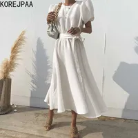 Korejpaa Women Dress Summer Korean Chic Elegant Solid Color O Neck Tie with Waist-fold Pleated Bubble Sleeves Long Dresses 210526