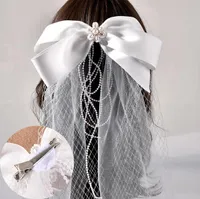 Bridal Veils 2021 Hochzeitszubehör kurze einfache Perlen Blume Schleier Band Bogen Braut mit Clip-Mariage