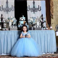 Adorável azul do chão azul vestidos de aniversário de jóias pescoço sem mangas laço apliques cetim bebê meninas vestido de baile para casamento