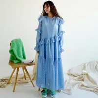 캐주얼 드레스 Wiccon 2021 봄 도착 라운드 넥 느슨한 가장자리 분할 조인트 경적 소매 블루 전체 슬리브 드레스