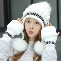 Autumn and Winter Women's Warm Ear Protection Knitted Gloves Hat Suit Fashion Plus Velvet Thick Wool Hat European and American Popular