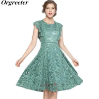 Повседневные платья Orgreieter Зеленое кружевное платье 2021 Мода Лето raffled o-шеи Цветок Крюк на коленях