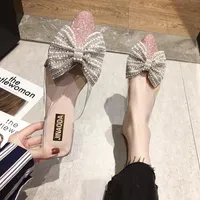 BRCCHENXI 2021 Summer Women Slippers Pearl Slip On Flat Shoes Pointed Toe Bling Shoes Cute Bow Slipper Rhinestone Ladies