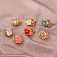 Hand Painted Candy Color Drip Oil Heart Flower Rings for Women Girl Cute Muticolor Korean Sweet Finger Rings