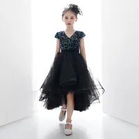 Meisje jurken bloem meisje jurk illusie korte lovertjes v-hals prinses knielengte luxe zwart kant elegante tule mooie kind feestjurk H