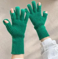 1 ADET Sonbahar Kış Bayanlar Sicim Ve Polar Eldiven Açık Katı Yün Örgü Kadın Moda Beş Parmaklar Eldiven S Noktaları Çiy Dokunmatik Ekran Soğuk