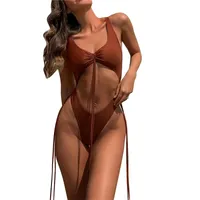 Traje de baño para mujer Sexy sin mangas clásico con cuello en V desnudo, traje de baño sin respaldo de color sólido, conjunto de bikinis ajustable