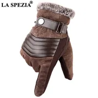 LA SPEZIA Brown Mens Leather Gloves Real Pigskin Russia Winter Warm Thick Driving Skiing Men&#039;s Guantes Luvas 211124
