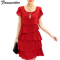 New Women Plus Size 5XL Summer Dress Loose Chiffon Cascading Ruffle Red Dresses Causal Ladies Elegant Party Cocktail Short 210320