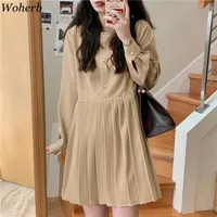 Sıradan Elbiseler Woherb Koreli Şık Kadın Gömlek Elbise 2022 Tek Kezli Uzun Kollu Piled Mini Tatlı Japon Kız Temel Vestido