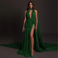 Party Dresses Green Chiffon Evening Gowns Pleated Halter Beach Women Prom Dress Slit Cut-Out Formal Special Occasion Robe De Soiré