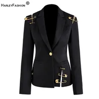 Harleyfashion High Street élégant femme blazer simple bouton maille patchwork broches de qualité slim blazers noirs 220119